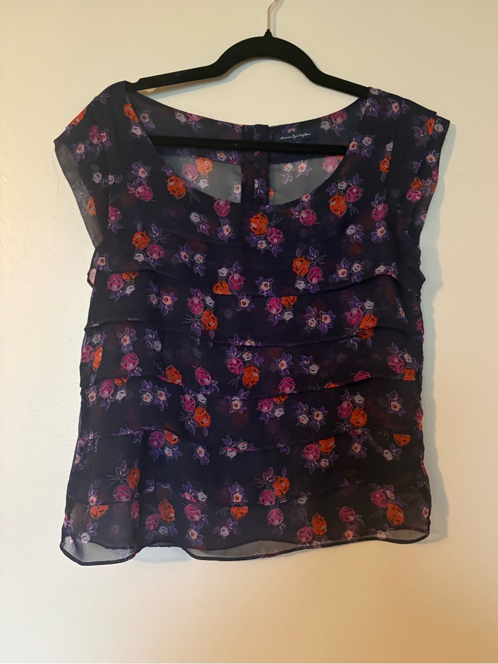 American Eagle Outfitters Purple Floral Tiered Chiffon Shell